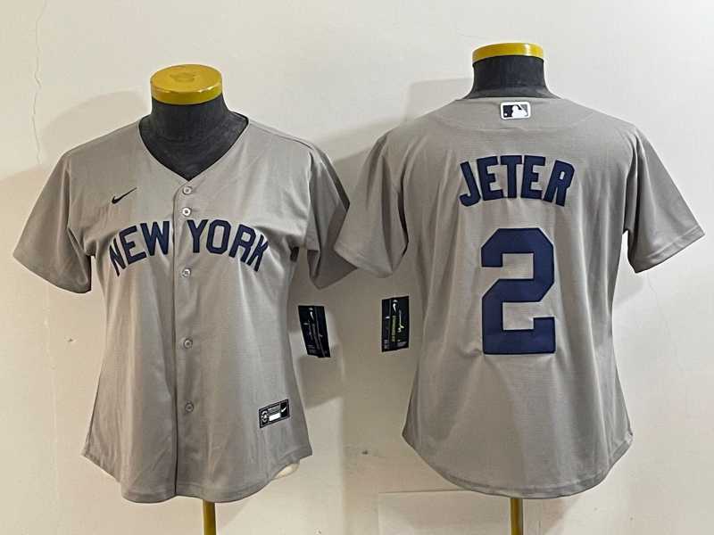 Women%27s New York Yankees #2 Derek Jeter Name 2021 Grey Field of Dreams Cool Base Stitched Jersey
